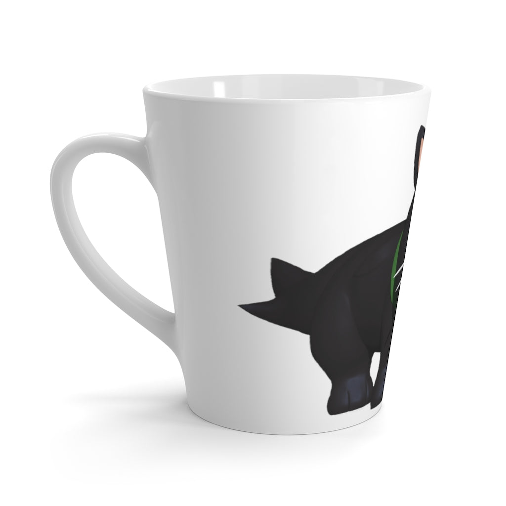 A stylish black ceramic latte mug featuring a playful kitty design, perfect for coffee lovers.