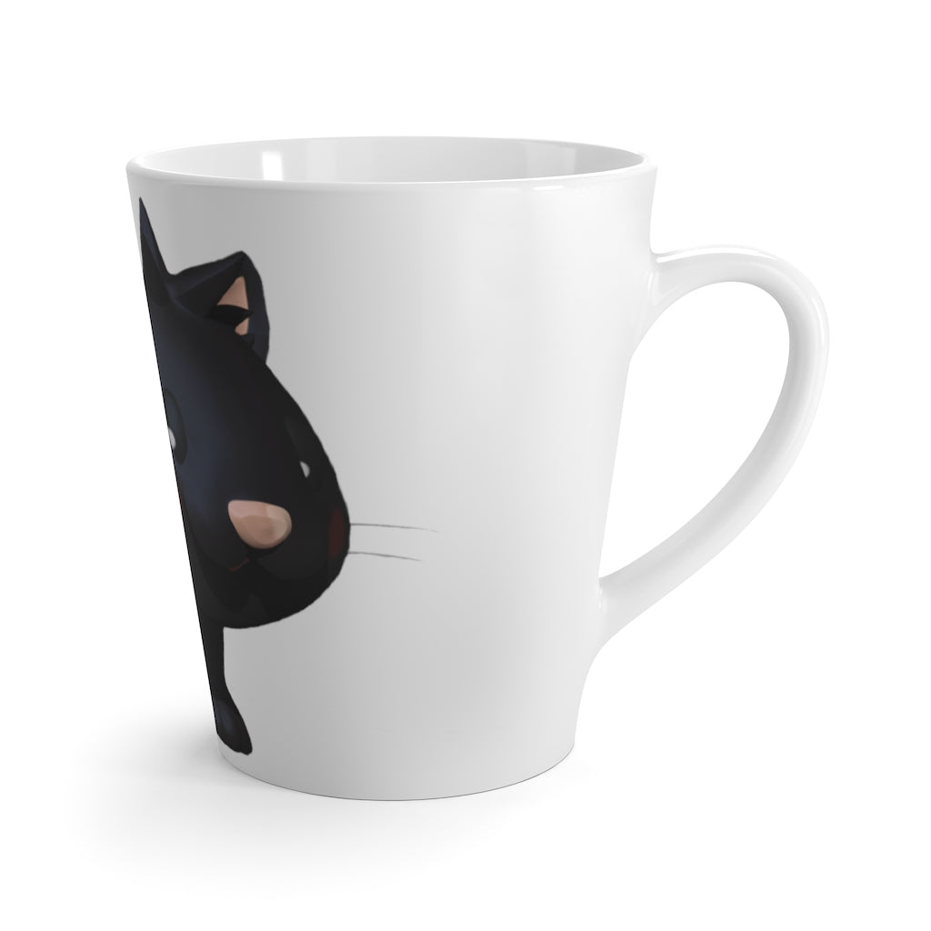 A stylish black ceramic latte mug featuring a playful kitty design, perfect for coffee lovers.