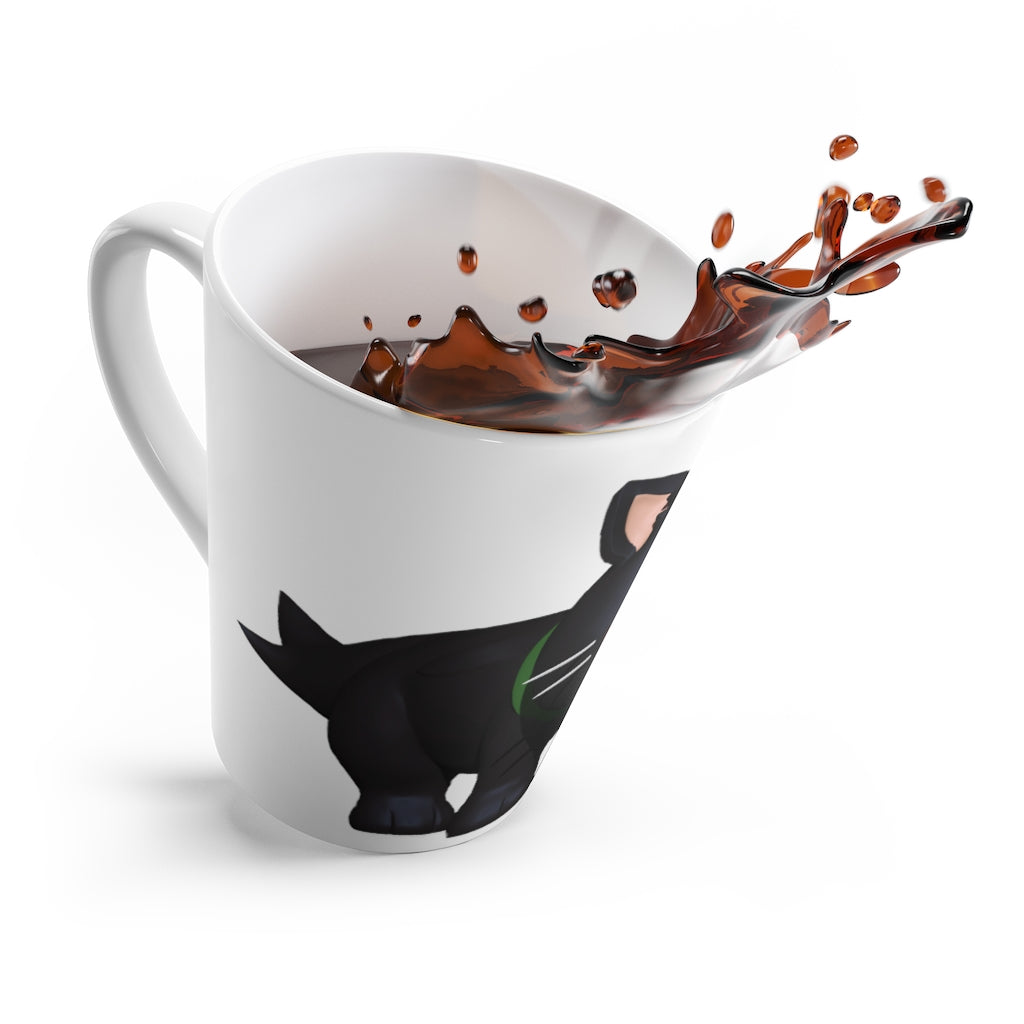 A stylish black ceramic latte mug featuring a playful kitty design, perfect for coffee lovers.