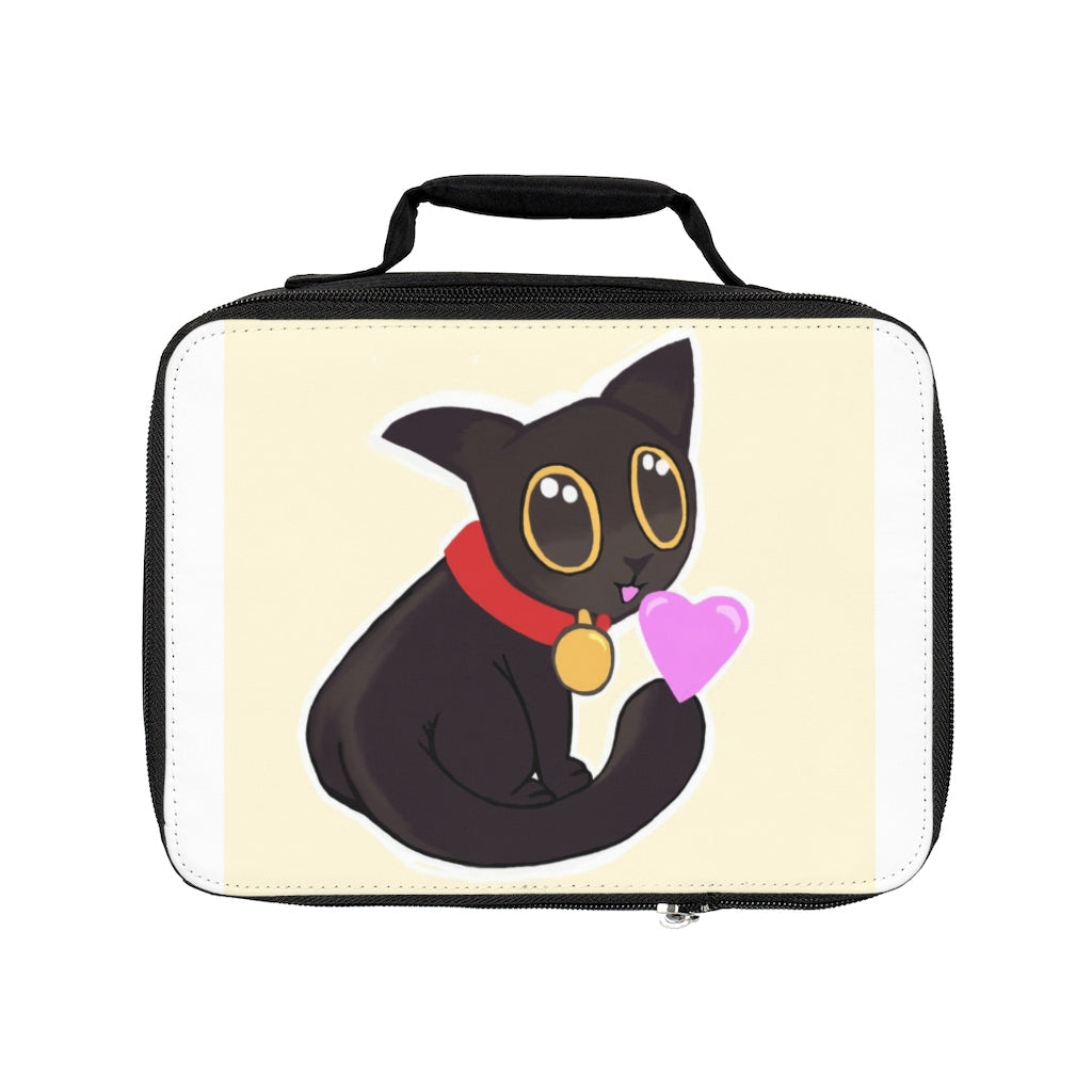 Black Kitty Lunch Bag with zippered closure and customizable area, perfect for adults and kids.