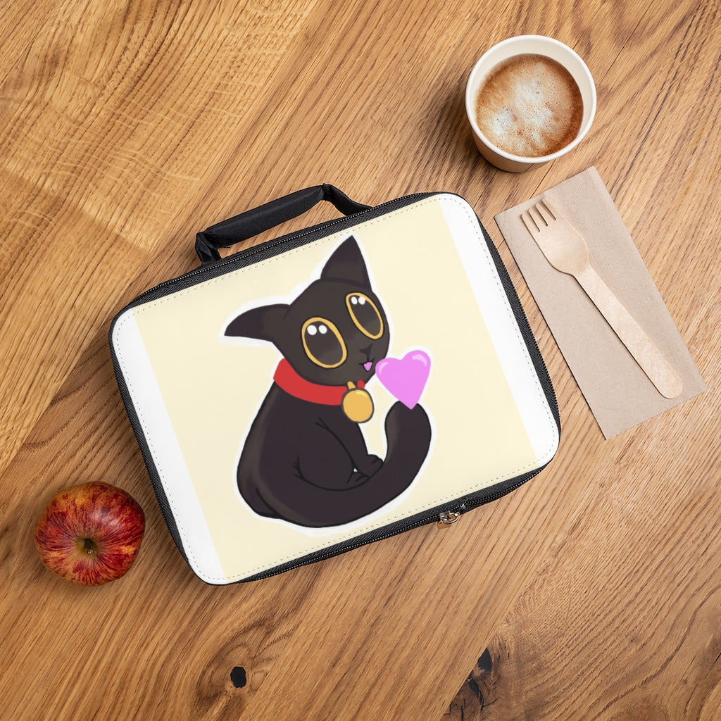 Black Kitty Lunch Bag with zippered closure and customizable area, perfect for adults and kids.