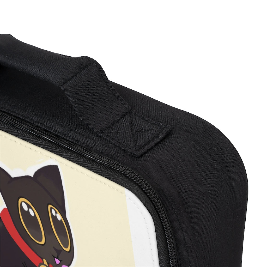 Black Kitty Lunch Bag with zippered closure and customizable area, perfect for adults and kids.