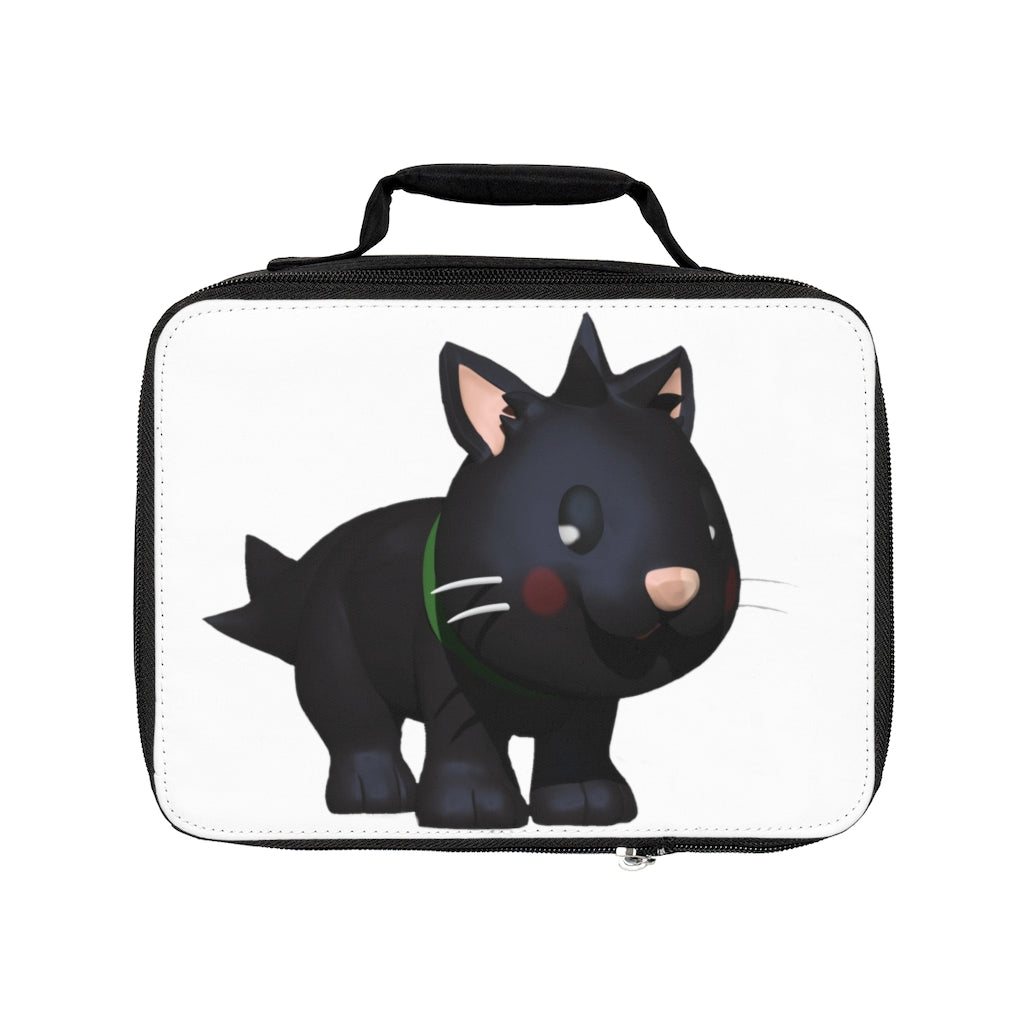 Black Kitty Lunch Bag with zippered closure and customizable area, made of durable cotton and polyester blend.