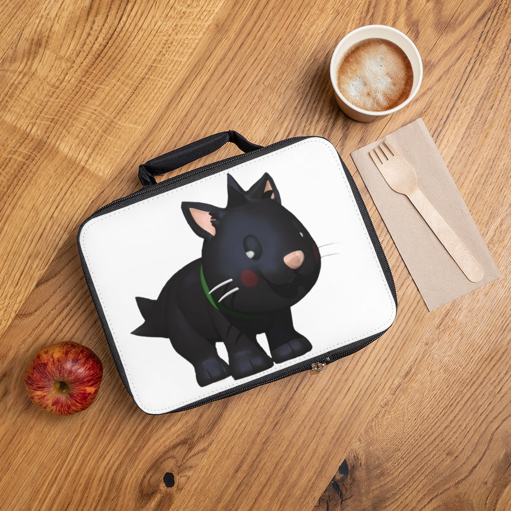 Black Kitty Lunch Bag with zippered closure and customizable area, made of durable cotton and polyester blend.