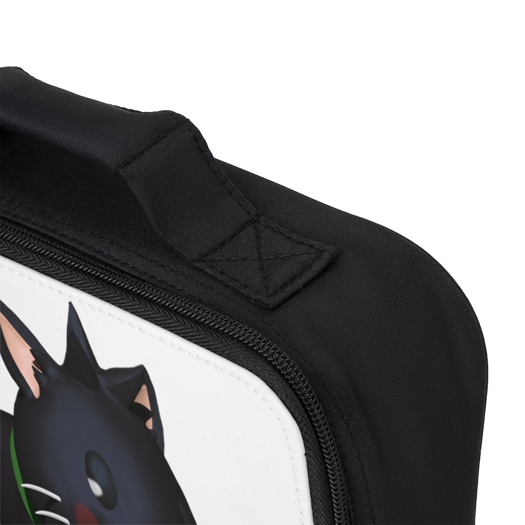 Black Kitty Lunch Bag with zippered closure and customizable area, made of durable cotton and polyester blend.