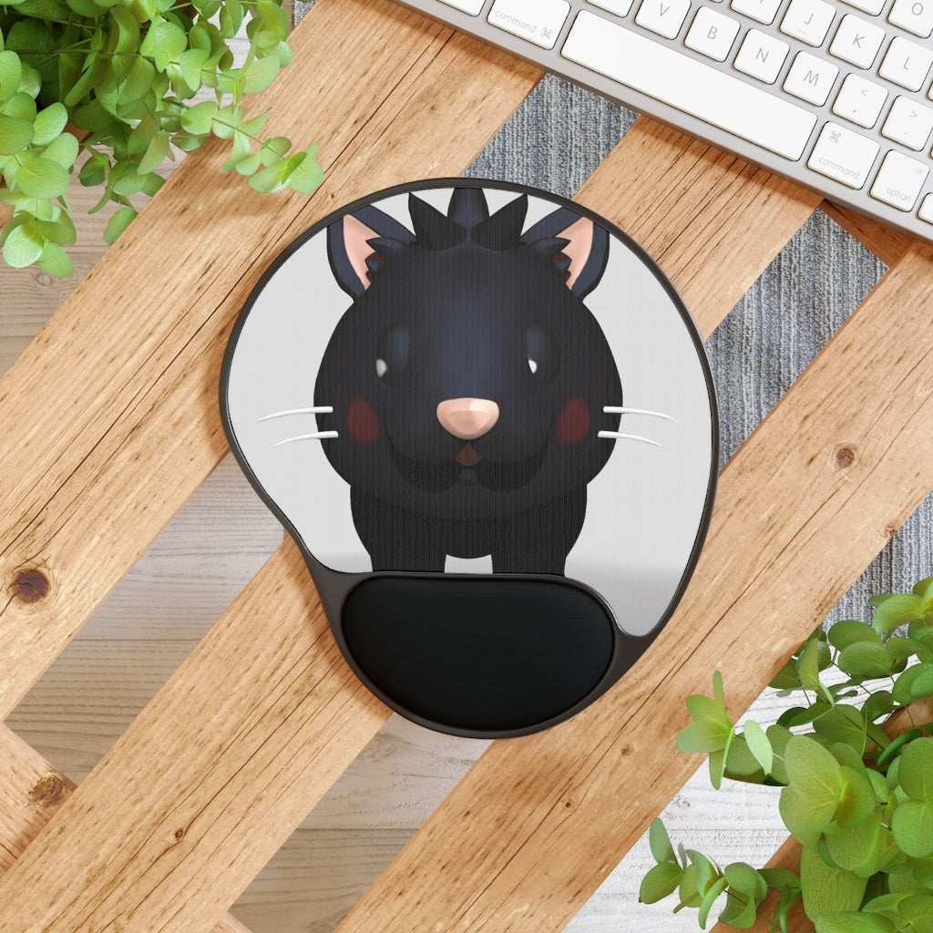 Black Kitty Mouse Pad with ergonomic Memory Foam wrist rest and custom neoprene insert, featuring a unique foot-shaped design.