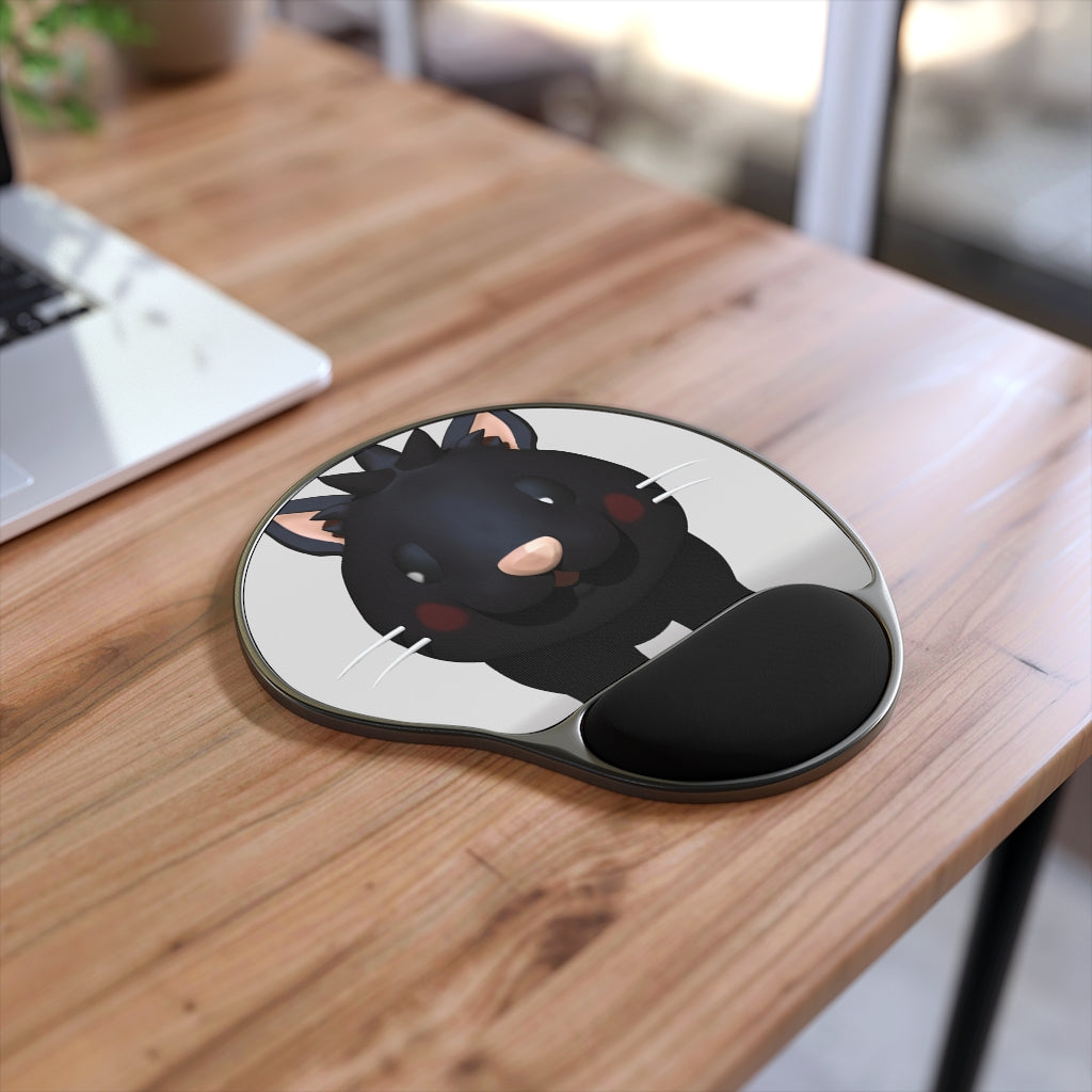 Black Kitty Mouse Pad with ergonomic Memory Foam wrist rest and custom neoprene insert, featuring a unique foot-shaped design.