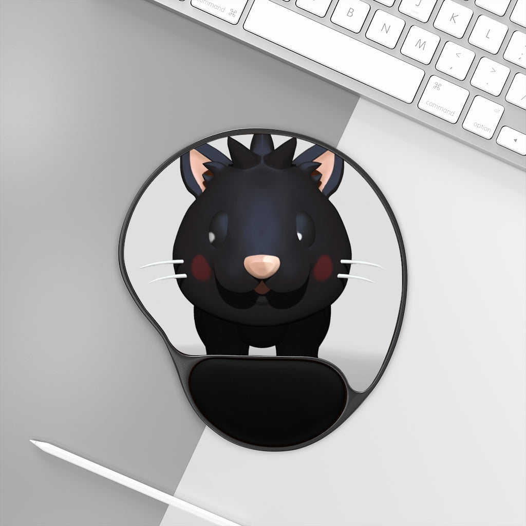 Black Kitty Mouse Pad with ergonomic Memory Foam wrist rest and custom neoprene insert, featuring a unique foot-shaped design.