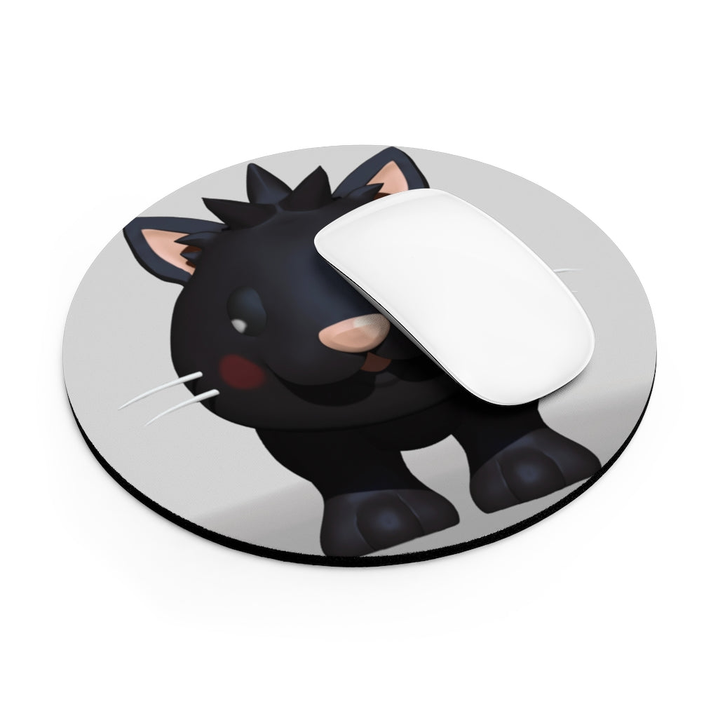 Black Kitty Mouse Pad featuring a cute cat design with a non-slip rubber bottom, available in round and rectangular shapes.