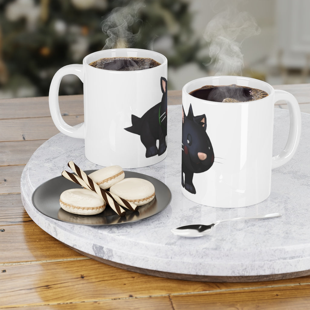 A charming black kitty mug with a scratch-resistant finish and easy-grip handle, perfect for coffee or tea.