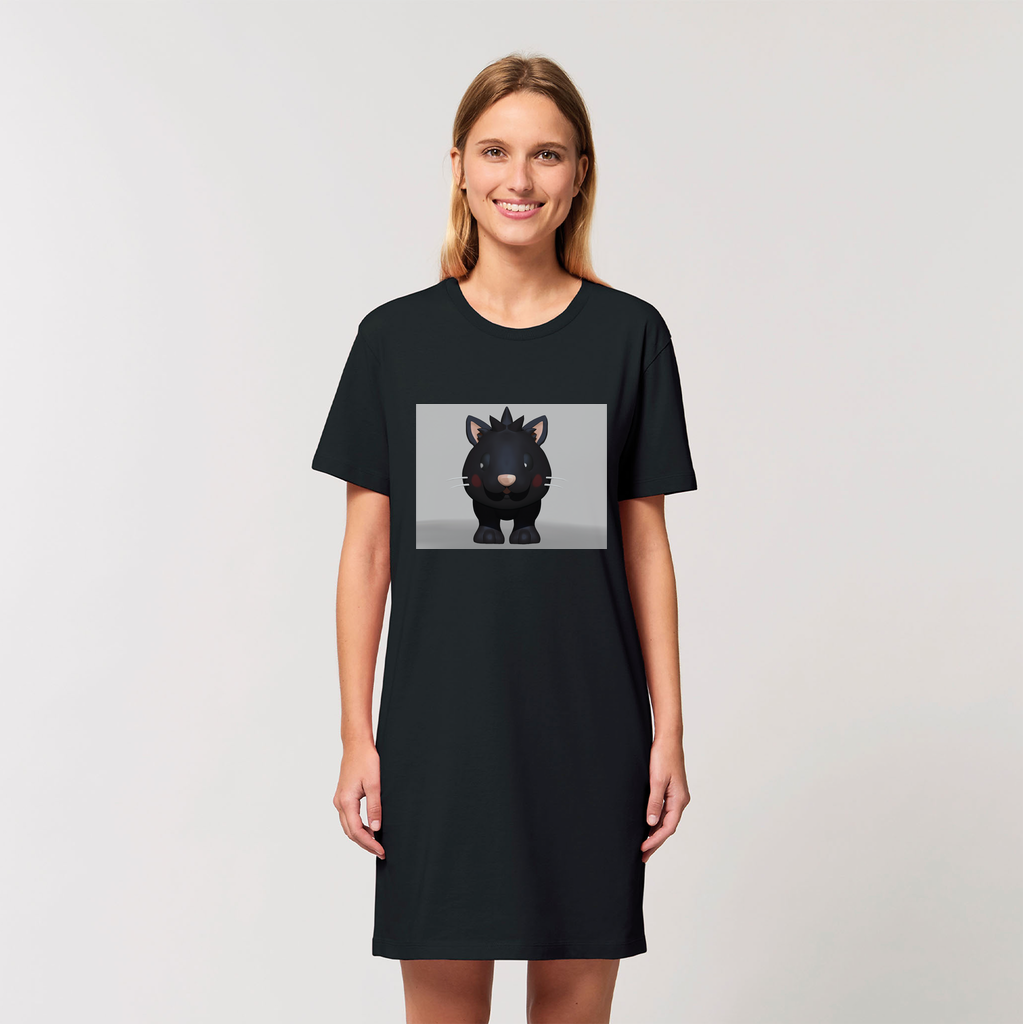 Black Kitty Organic T-Shirt Dress made from 100% organic cotton, featuring a soft-hand feel and stylish design.