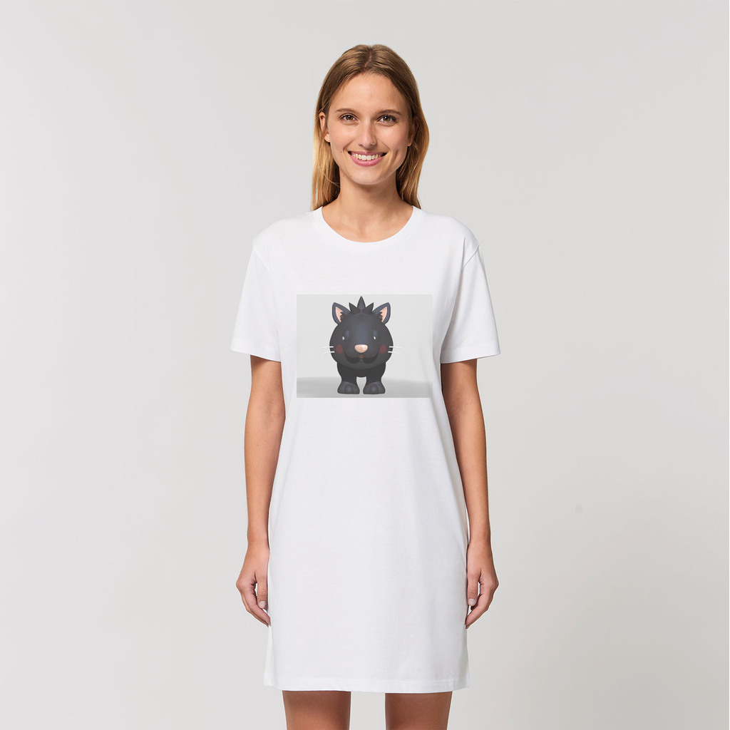 Black Kitty Organic T-Shirt Dress made from 100% organic cotton, featuring a soft-hand feel and stylish design.