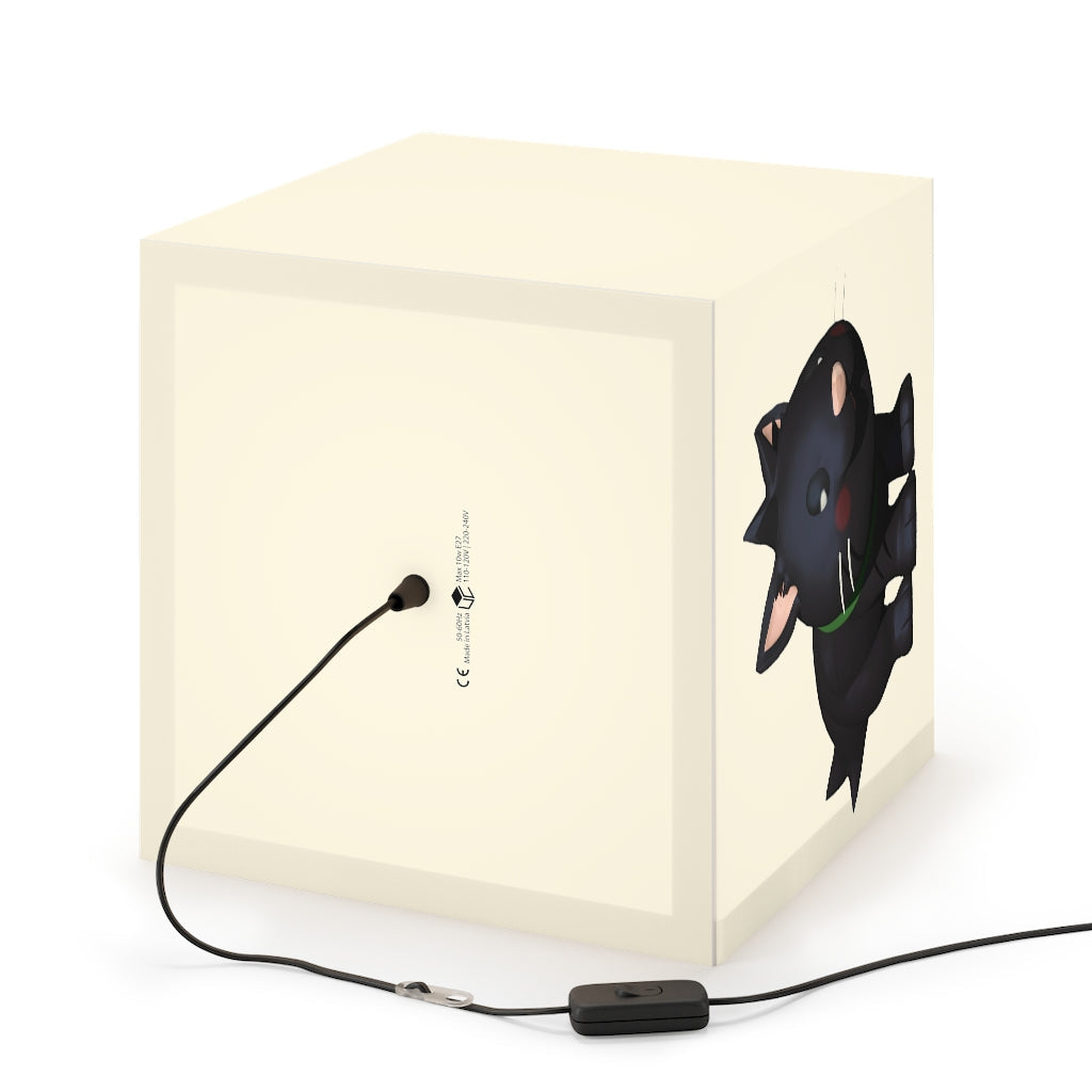 A stylish Black Kitty Personalized Lamp in a cube shape, showcasing unique designs, perfect for indoor lighting.