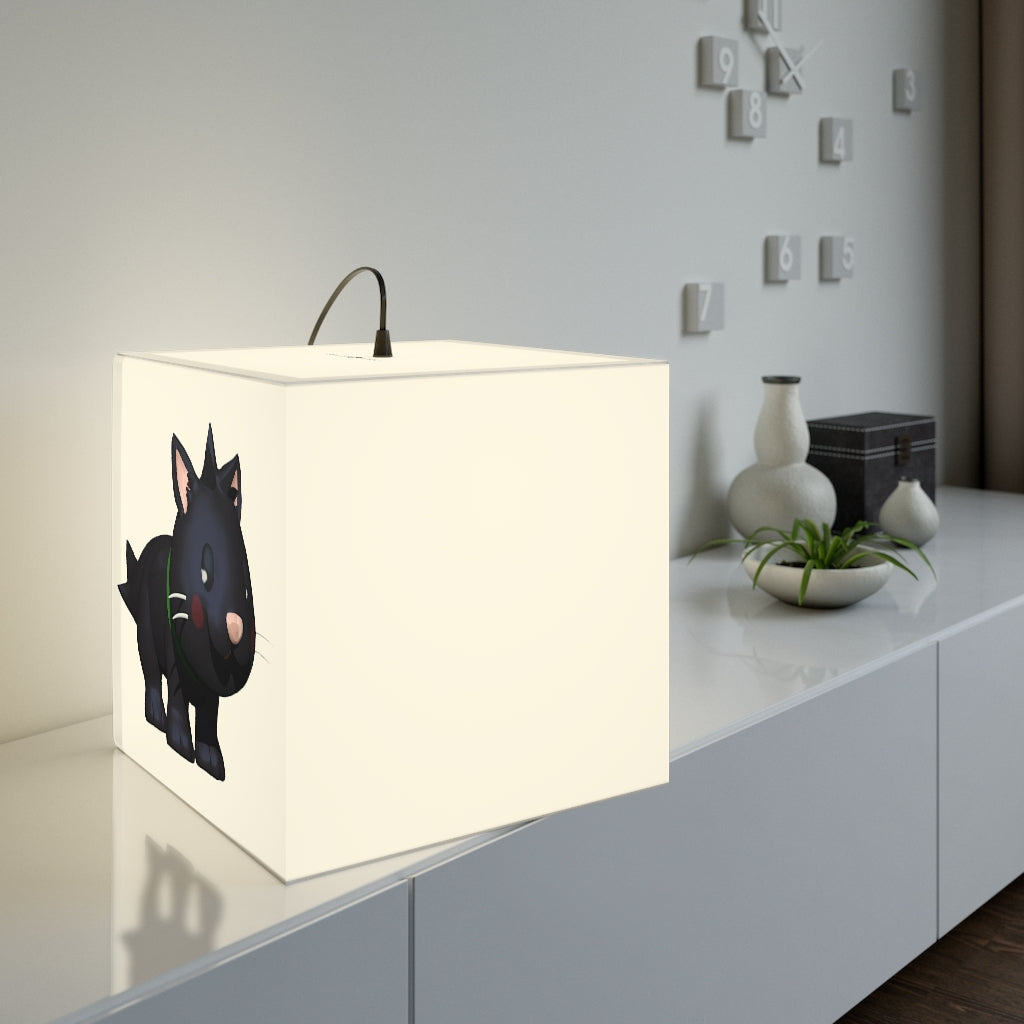 A stylish Black Kitty Personalized Lamp in a cube shape, showcasing unique designs, perfect for indoor lighting.