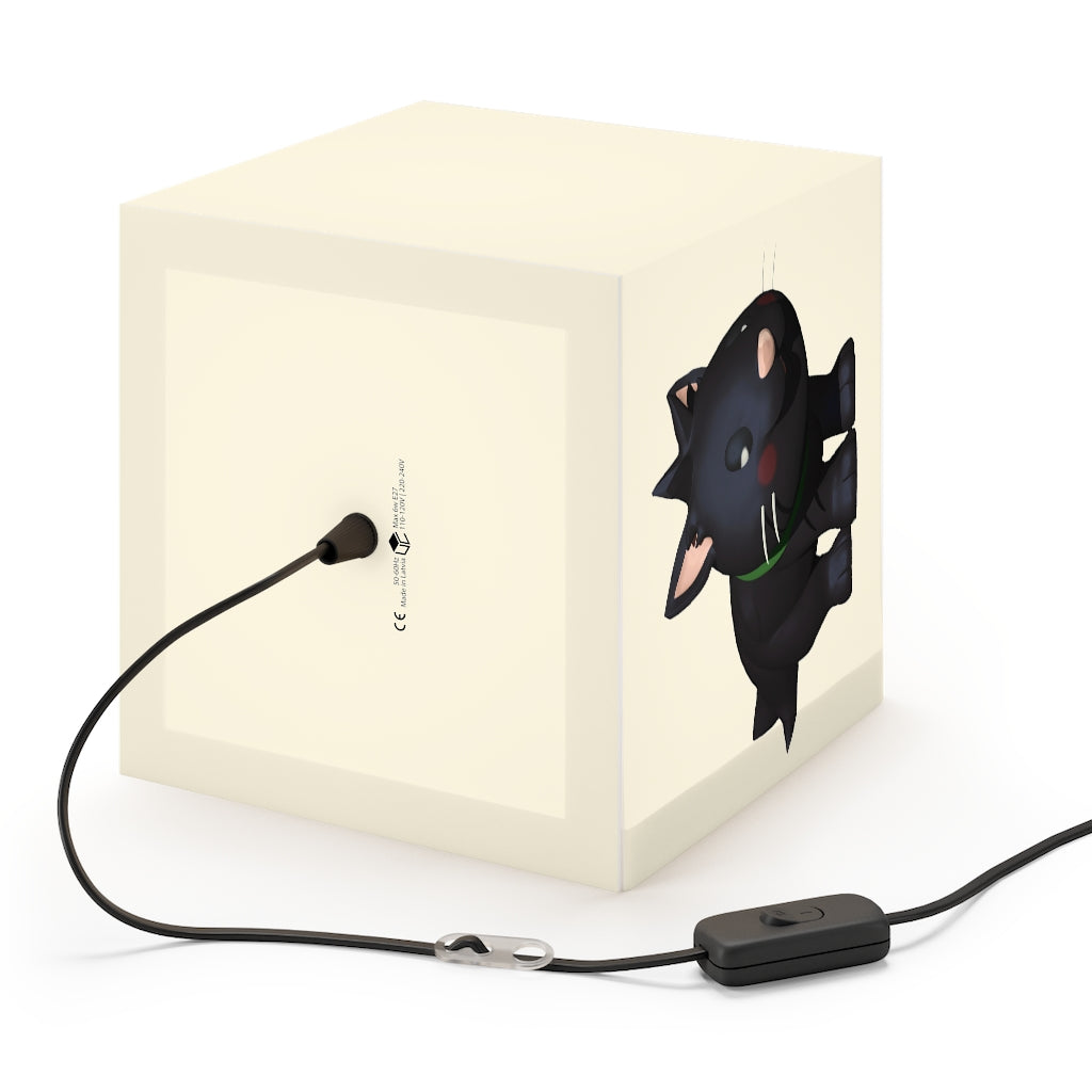 A stylish Black Kitty Personalized Lamp in a cube shape, showcasing unique designs, perfect for indoor lighting.