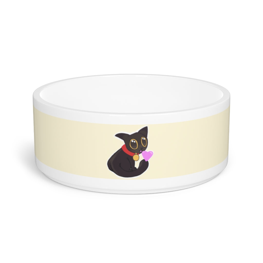 A stylish black ceramic pet bowl featuring a cute kitty design, perfect for feeding cats and small dogs.