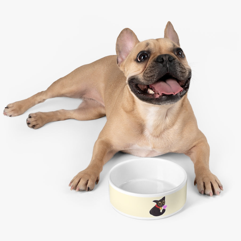 A stylish black ceramic pet bowl featuring a cute kitty design, perfect for feeding cats and small dogs.