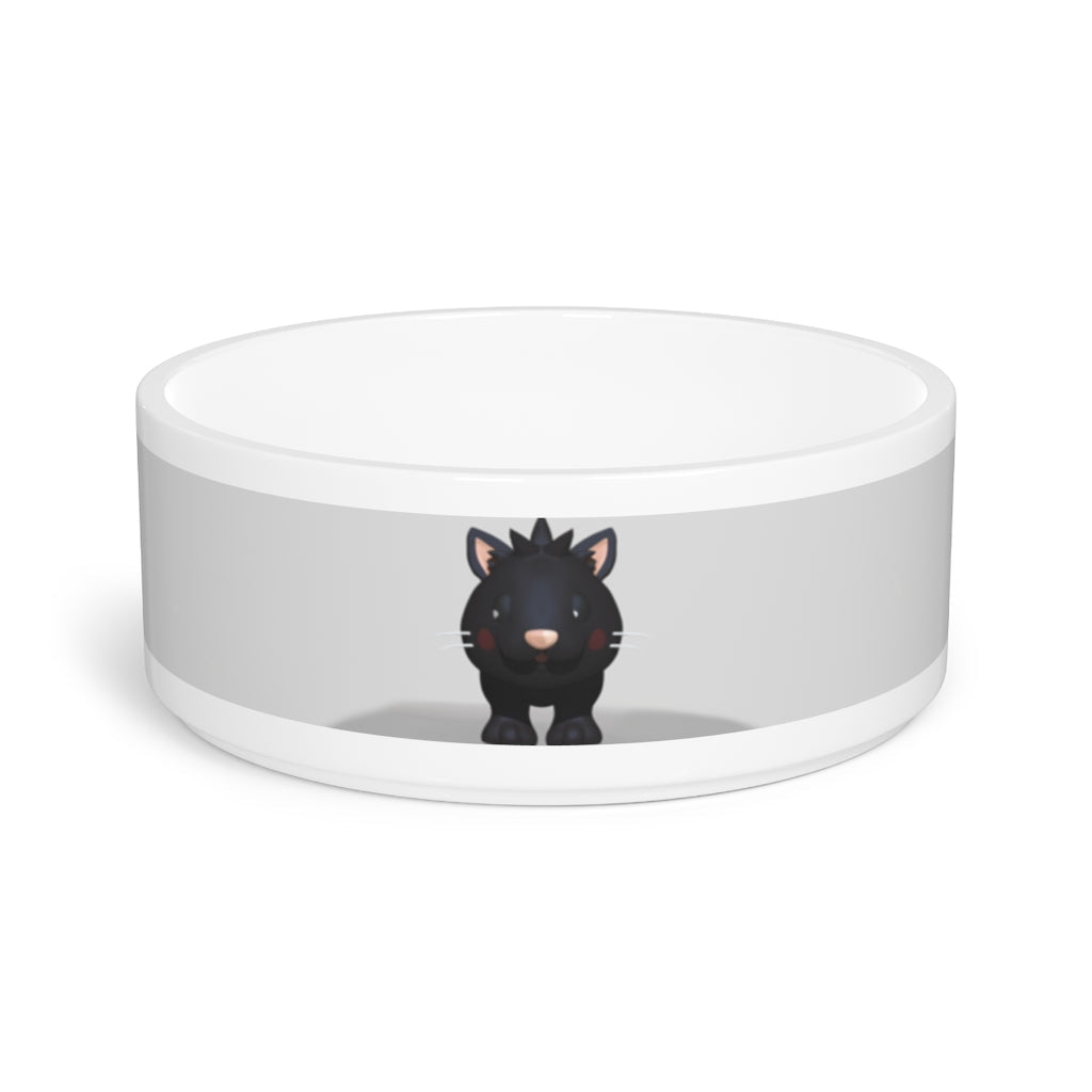 Black Kitty Pet Bowl made of white ceramic with a customizable design, measuring 6 inches in diameter and 2.25 inches tall.