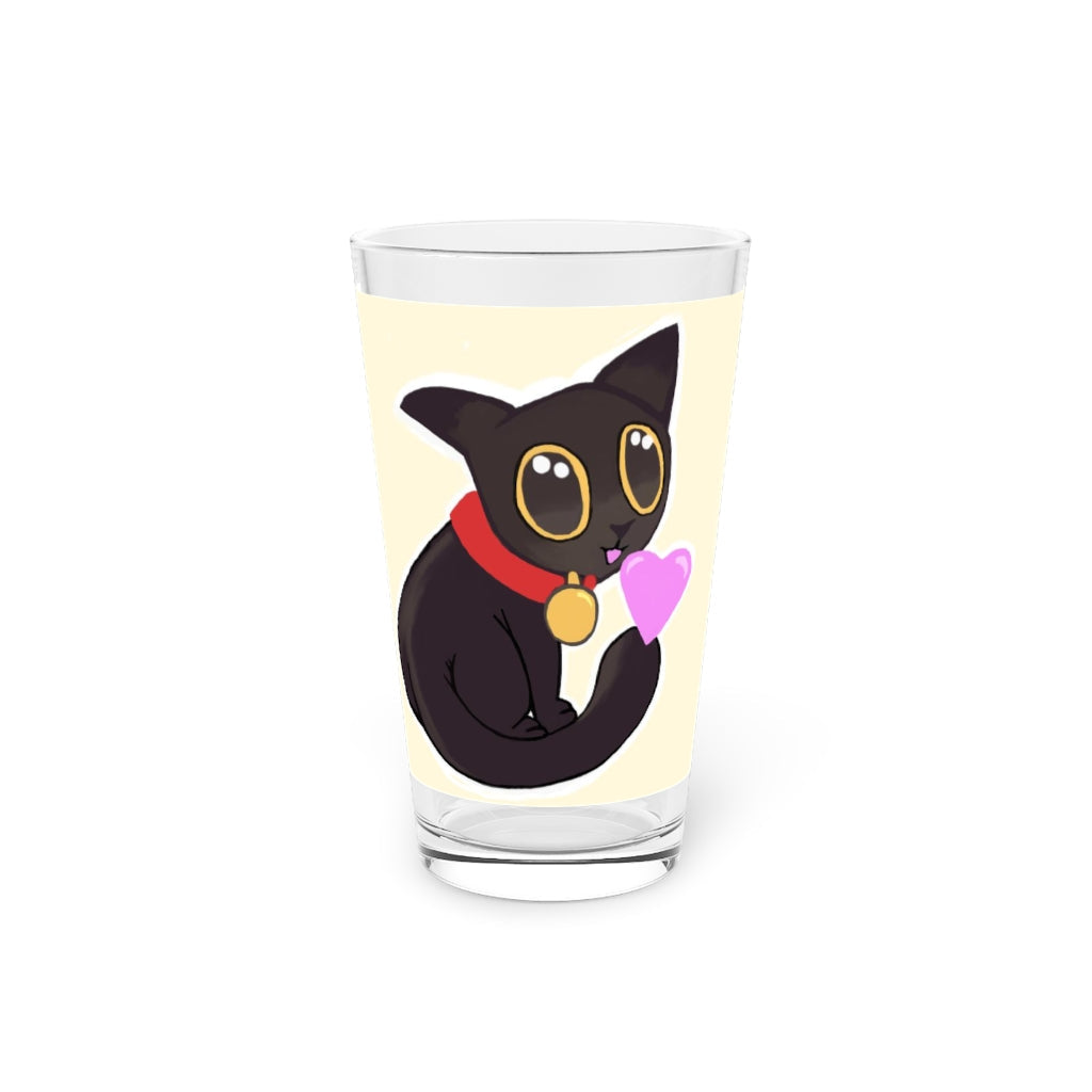 A clear 16oz pint glass featuring a black kitty design, perfect for personalized beverages.