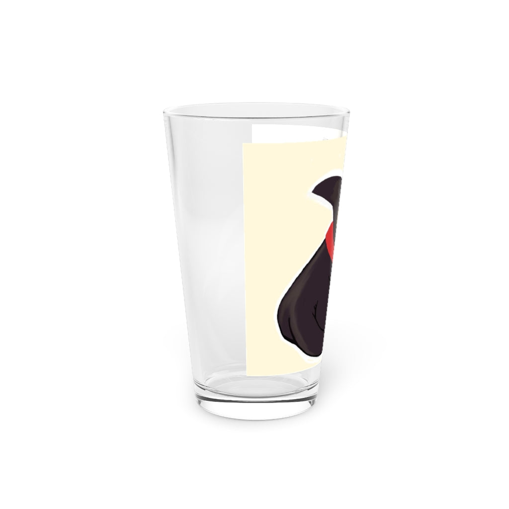 A clear 16oz pint glass featuring a black kitty design, perfect for personalized beverages.