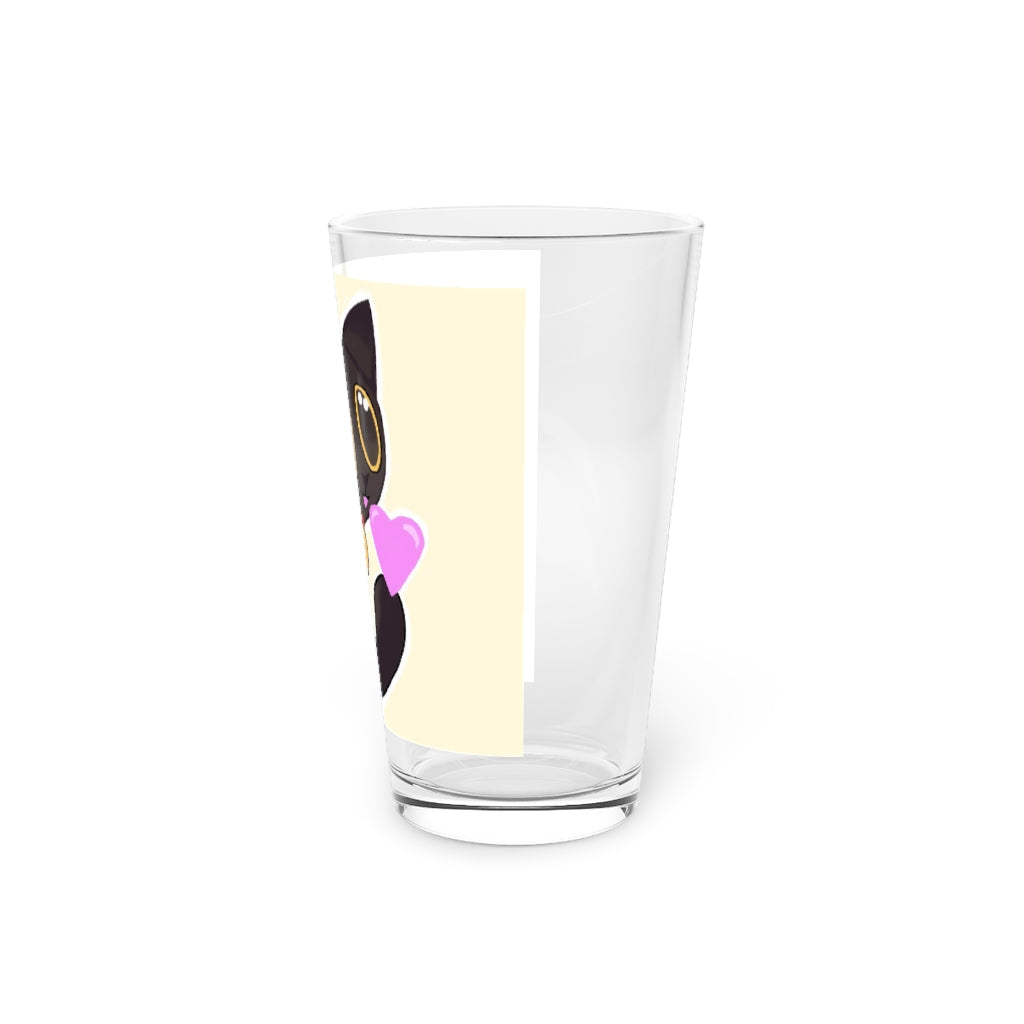 A clear 16oz pint glass featuring a black kitty design, perfect for personalized beverages.