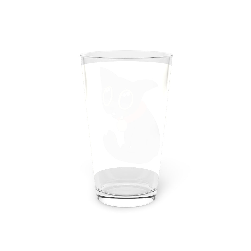 A clear 16oz pint glass featuring a black kitty design, perfect for personalized beverages.