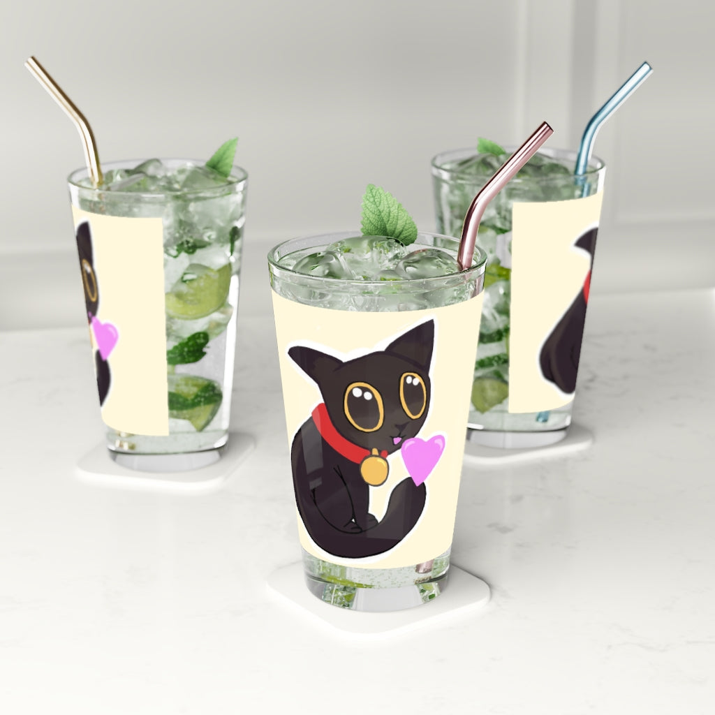 A clear 16oz pint glass featuring a black kitty design, perfect for personalized beverages.