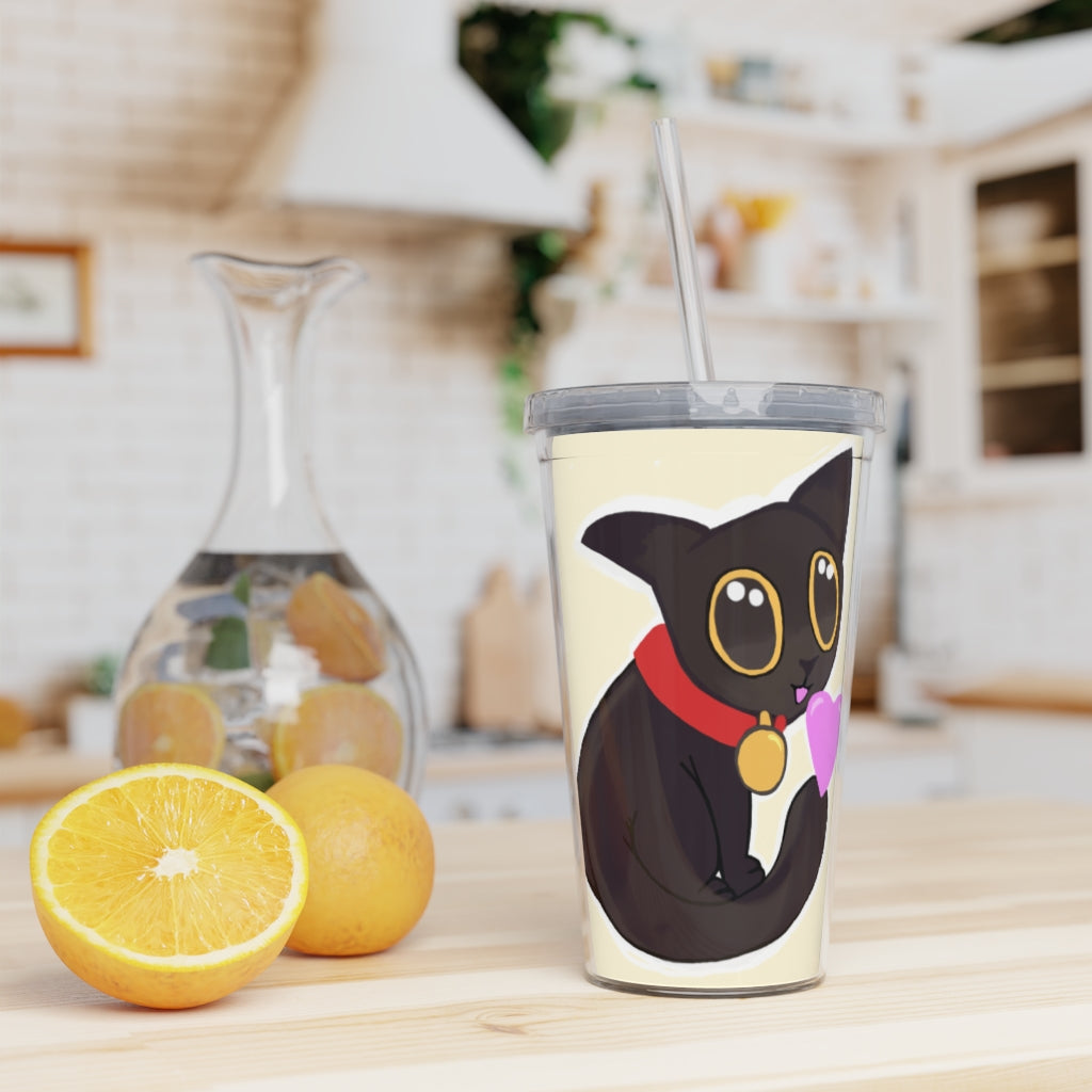 Black Kitty Plastic Tumbler with Straw, featuring a playful kitty design, lid, and straw, perfect for personalized drinks.