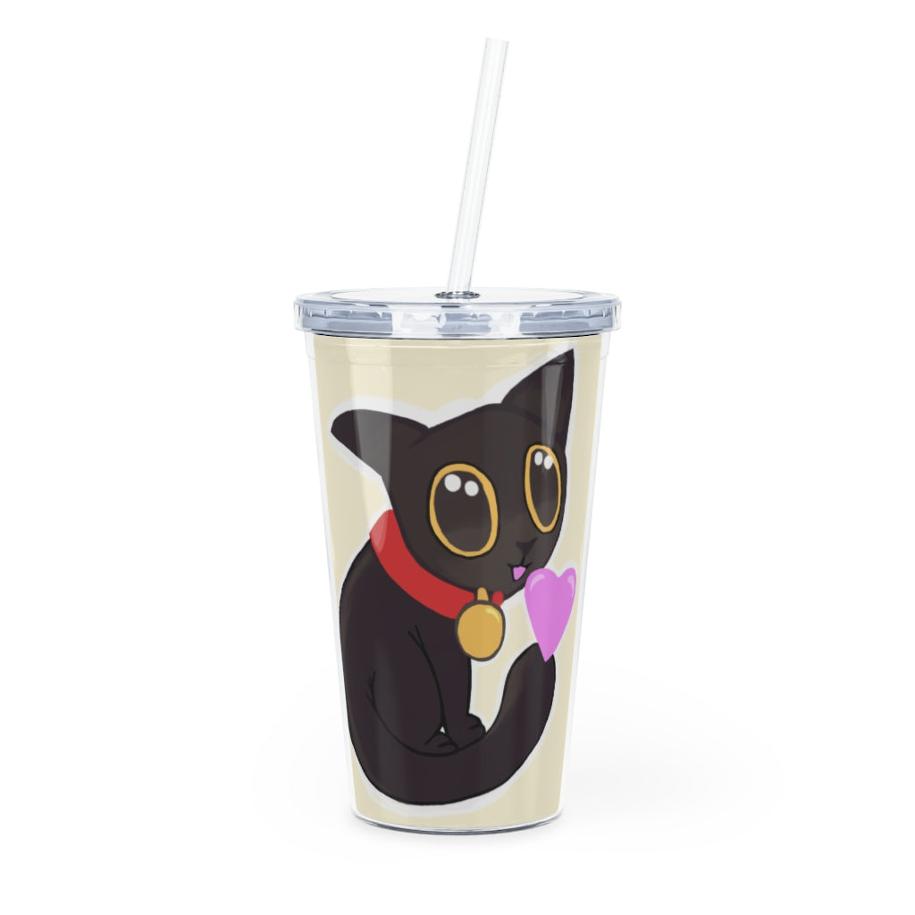 Black Kitty Plastic Tumbler with Straw, featuring a playful kitty design, lid, and straw, perfect for personalized drinks.