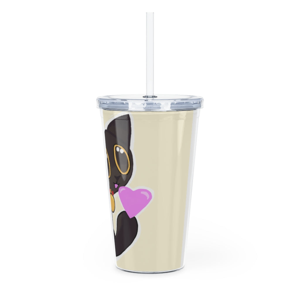 Black Kitty Plastic Tumbler with Straw, featuring a playful kitty design, lid, and straw, perfect for personalized drinks.