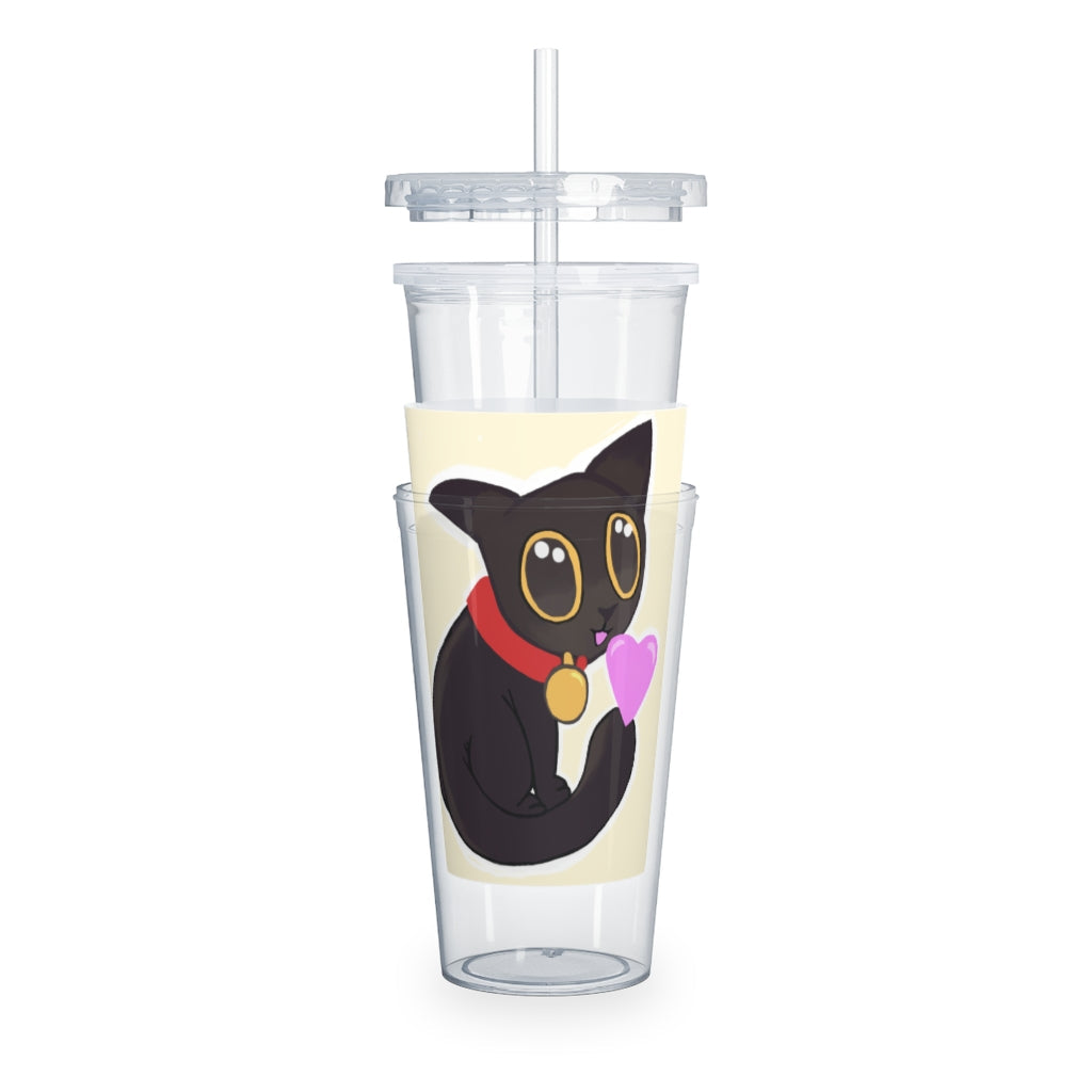 Black Kitty Plastic Tumbler with Straw, featuring a playful kitty design, lid, and straw, perfect for personalized drinks.