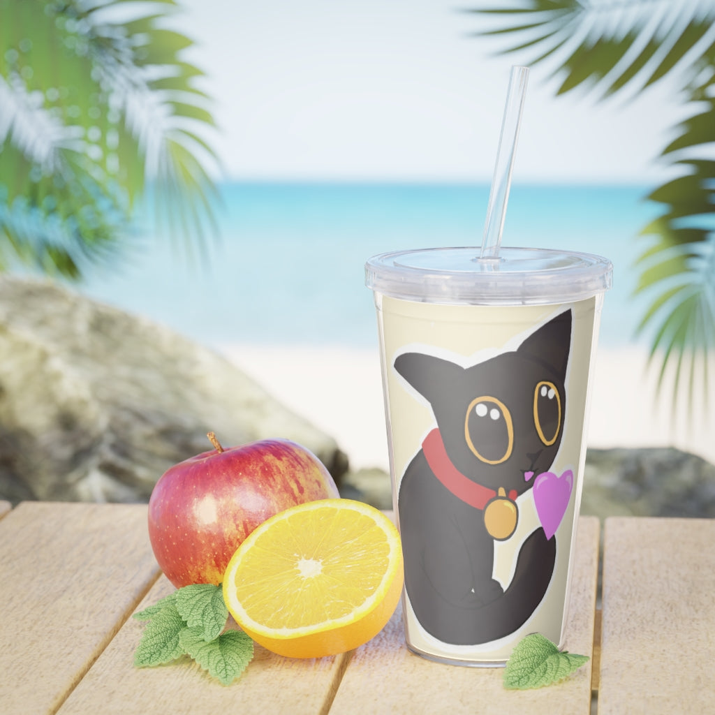 Black Kitty Plastic Tumbler with Straw, featuring a playful kitty design, lid, and straw, perfect for personalized drinks.