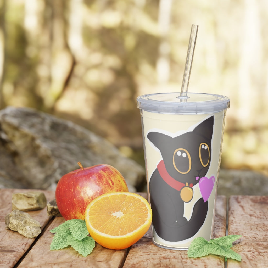 Black Kitty Plastic Tumbler with Straw, featuring a playful kitty design, lid, and straw, perfect for personalized drinks.