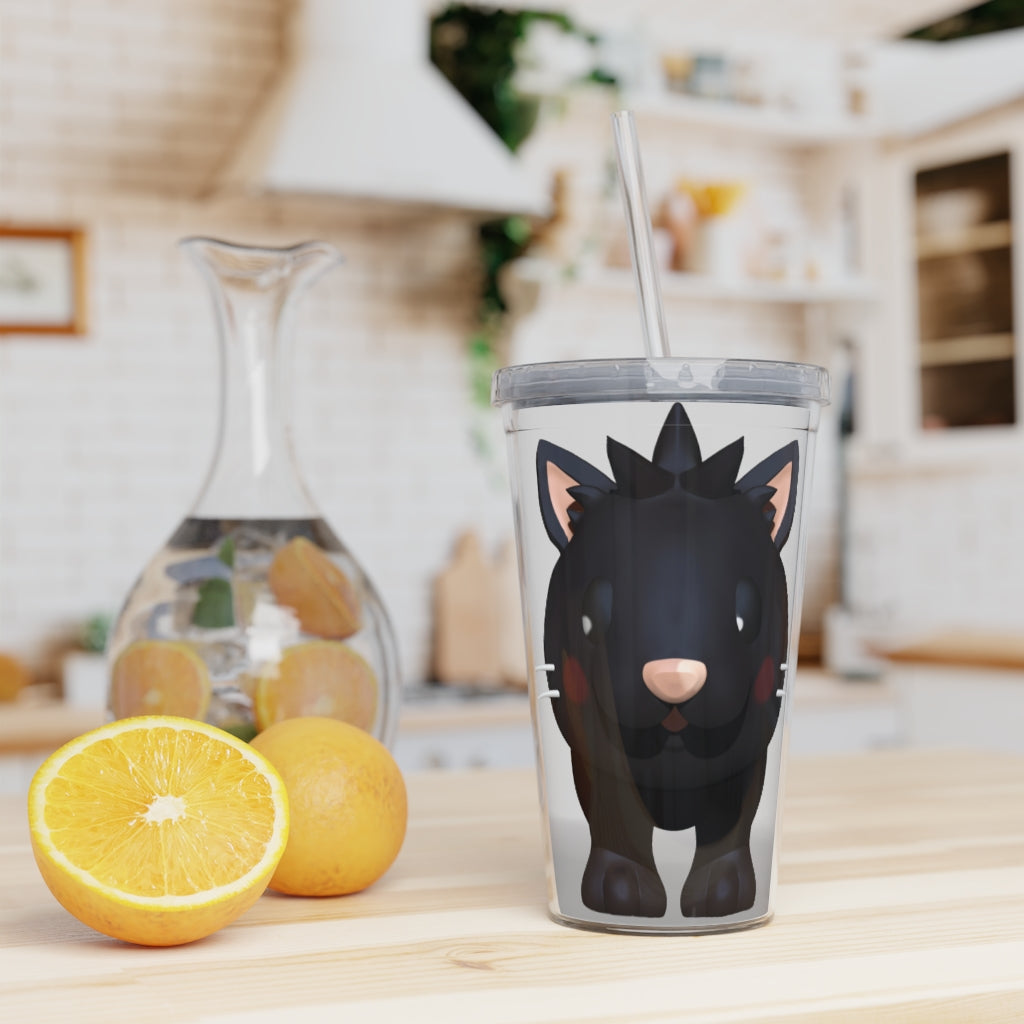 Black Kitty Plastic Tumbler with Straw, featuring a cute kitty design and double wall insulation for drinks.