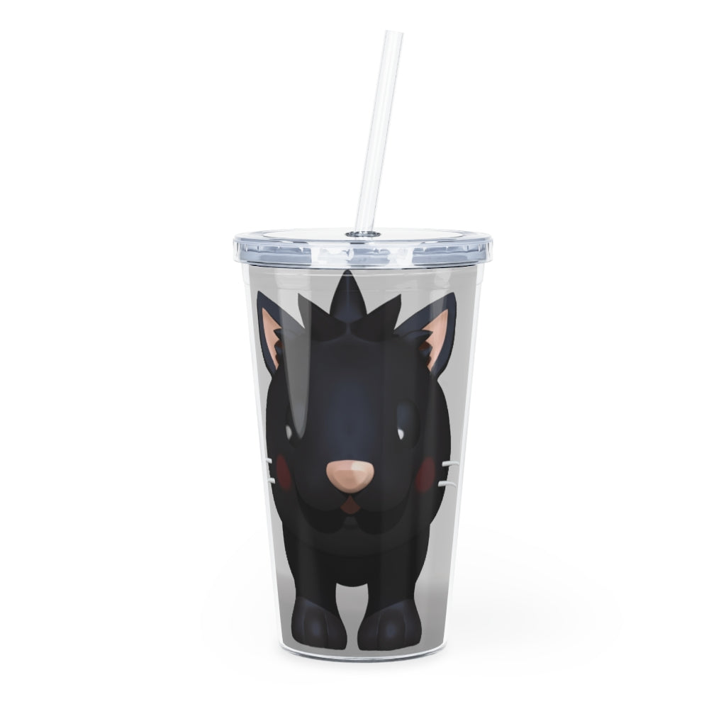 Black Kitty Plastic Tumbler with Straw, featuring a cute kitty design and double wall insulation for drinks.