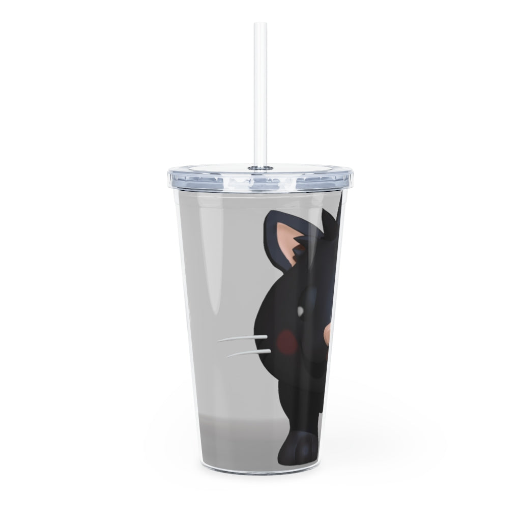 Black Kitty Plastic Tumbler with Straw, featuring a cute kitty design and double wall insulation for drinks.