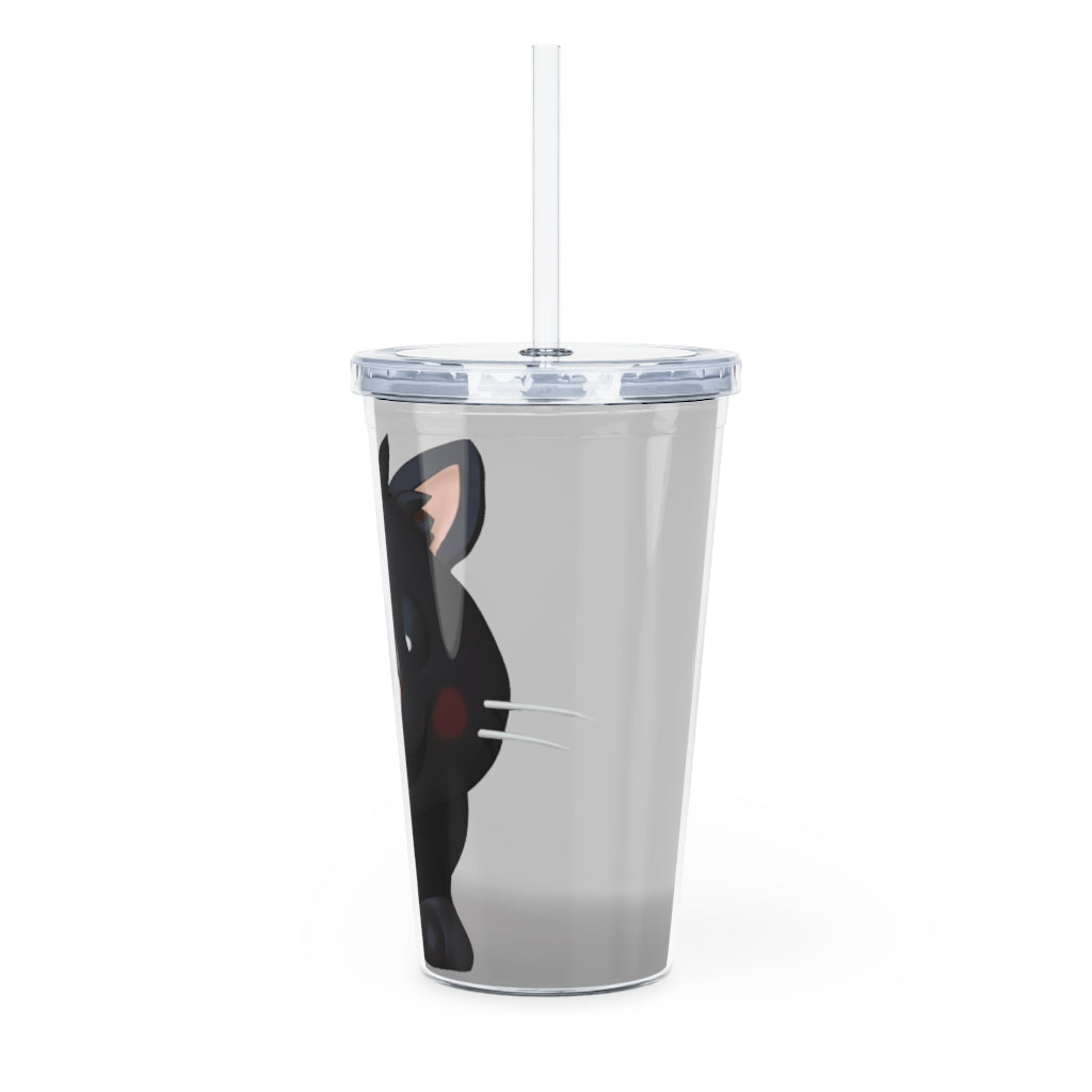 Black Kitty Plastic Tumbler with Straw, featuring a cute kitty design and double wall insulation for drinks.