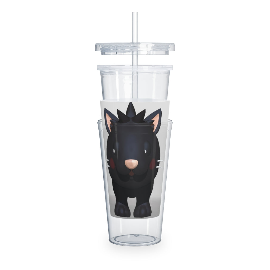 Black Kitty Plastic Tumbler with Straw, featuring a cute kitty design and double wall insulation for drinks.