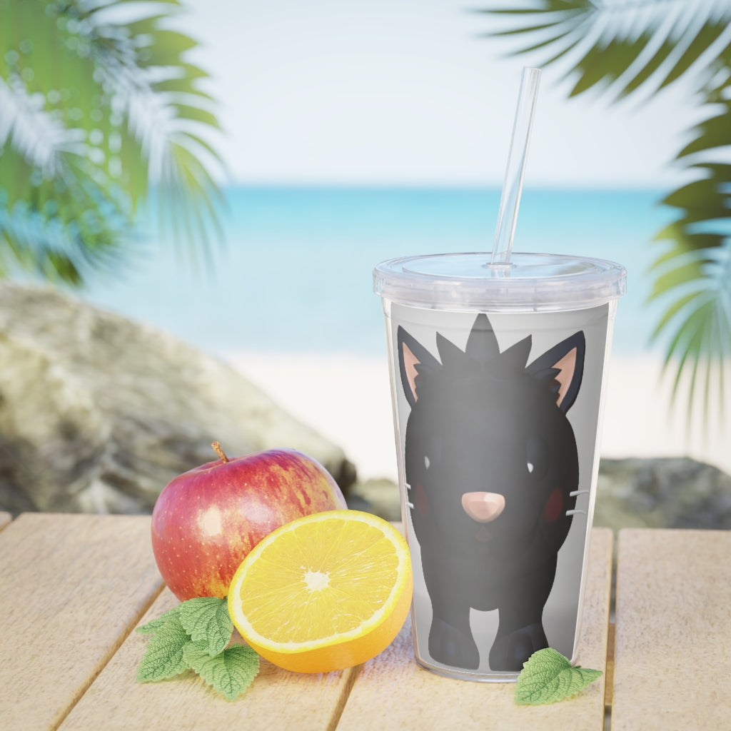 Black Kitty Plastic Tumbler with Straw, featuring a cute kitty design and double wall insulation for drinks.