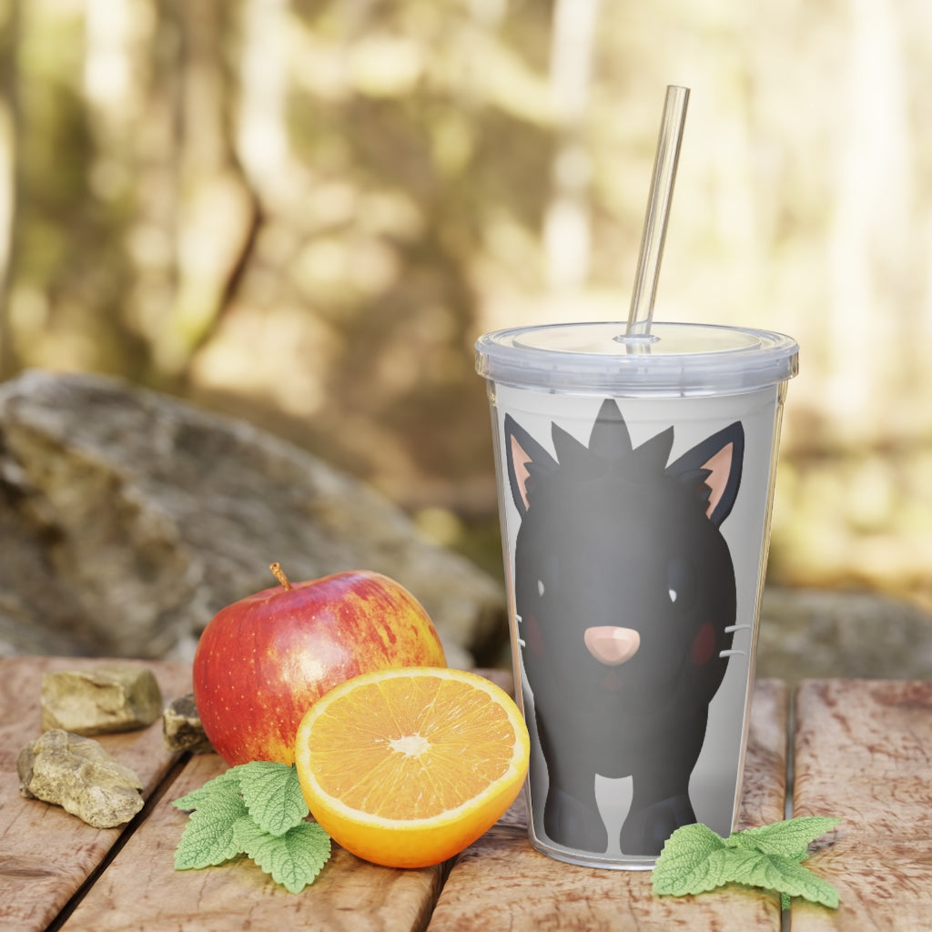 Black Kitty Plastic Tumbler with Straw, featuring a cute kitty design and double wall insulation for drinks.