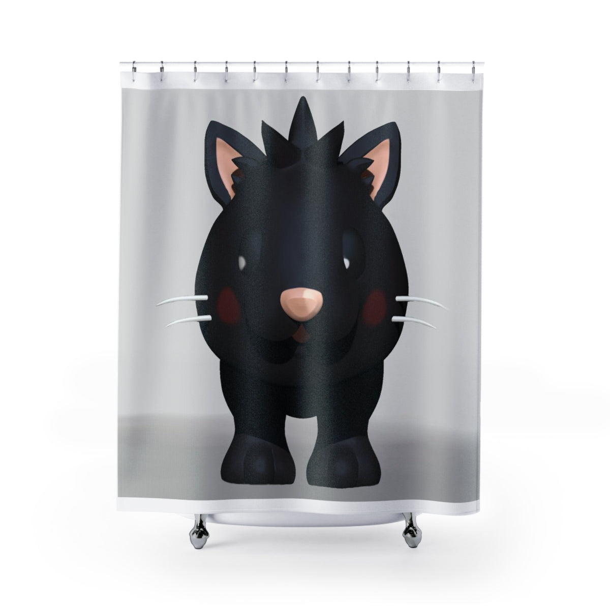 Black Kitty Shower Curtain featuring a playful cat design on durable polyester fabric, perfect for adding charm to any bathroom.