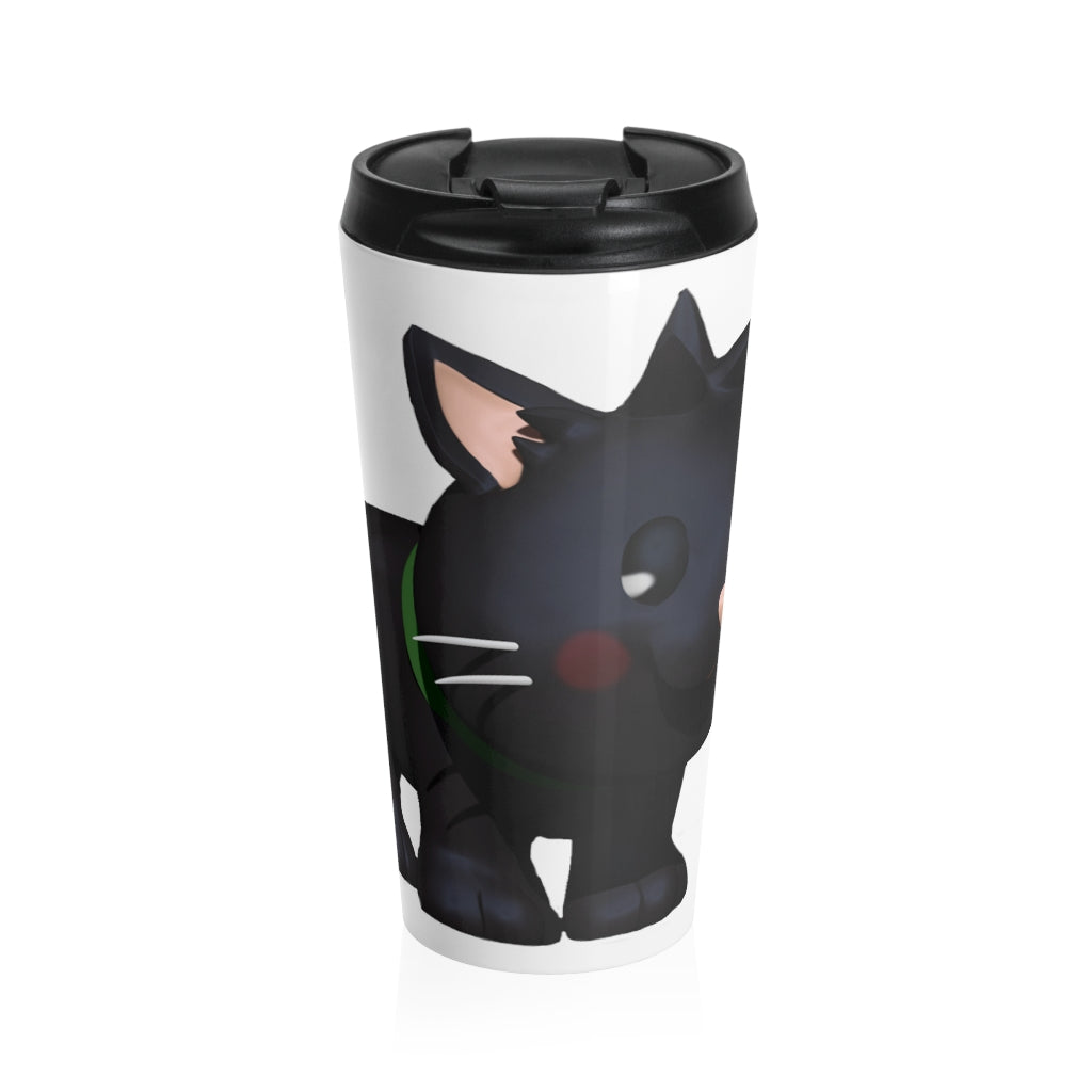 Black Kitty Stainless Steel Travel Mug with a sleek design and black plastic lid, perfect for coffee and tea lovers.