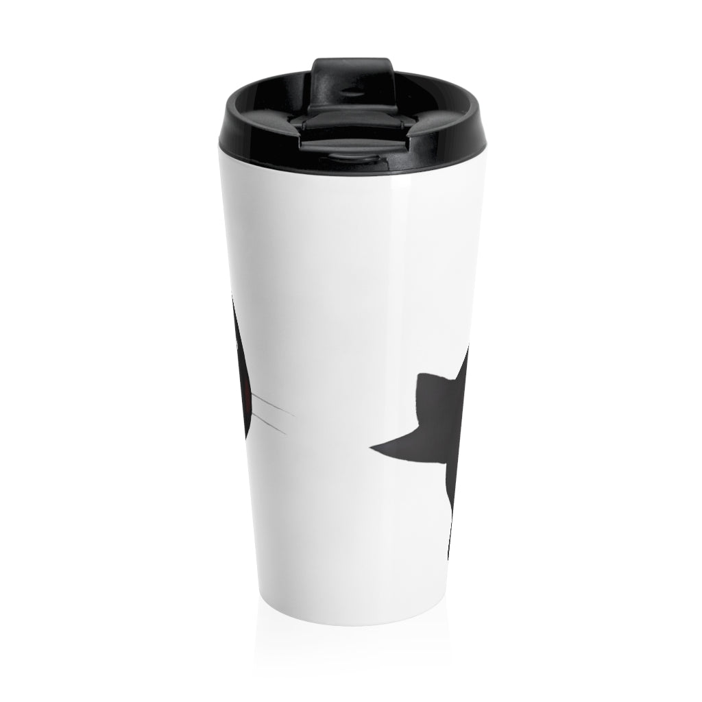 Black Kitty Stainless Steel Travel Mug with a sleek design and black plastic lid, perfect for coffee and tea lovers.