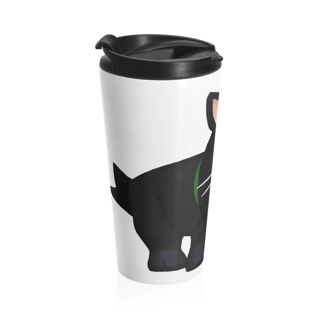 Black Kitty Stainless Steel Travel Mug with a sleek design and black plastic lid, perfect for coffee and tea lovers.