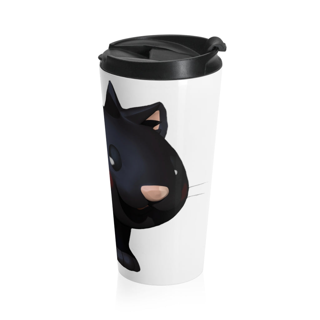 Black Kitty Stainless Steel Travel Mug with a sleek design and black plastic lid, perfect for coffee and tea lovers.