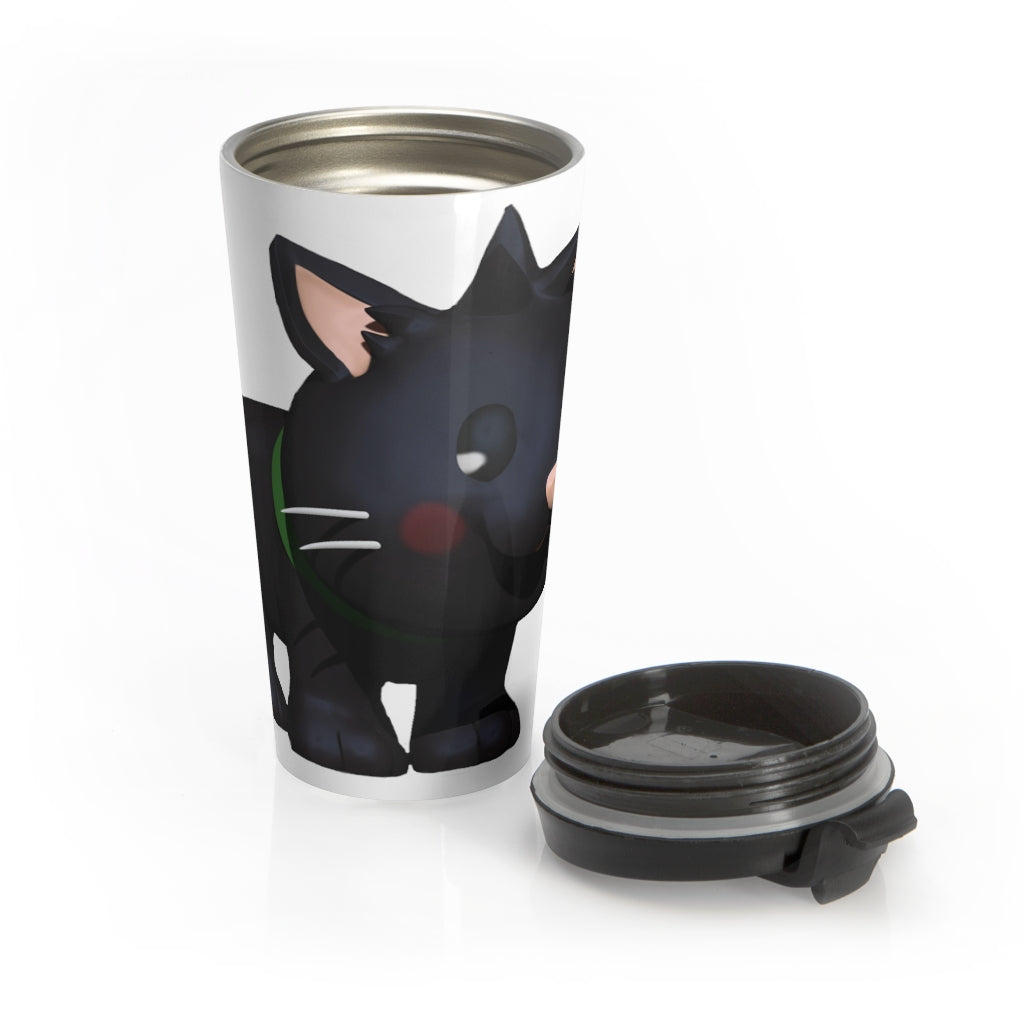 Black Kitty Stainless Steel Travel Mug with a sleek design and black plastic lid, perfect for coffee and tea lovers.