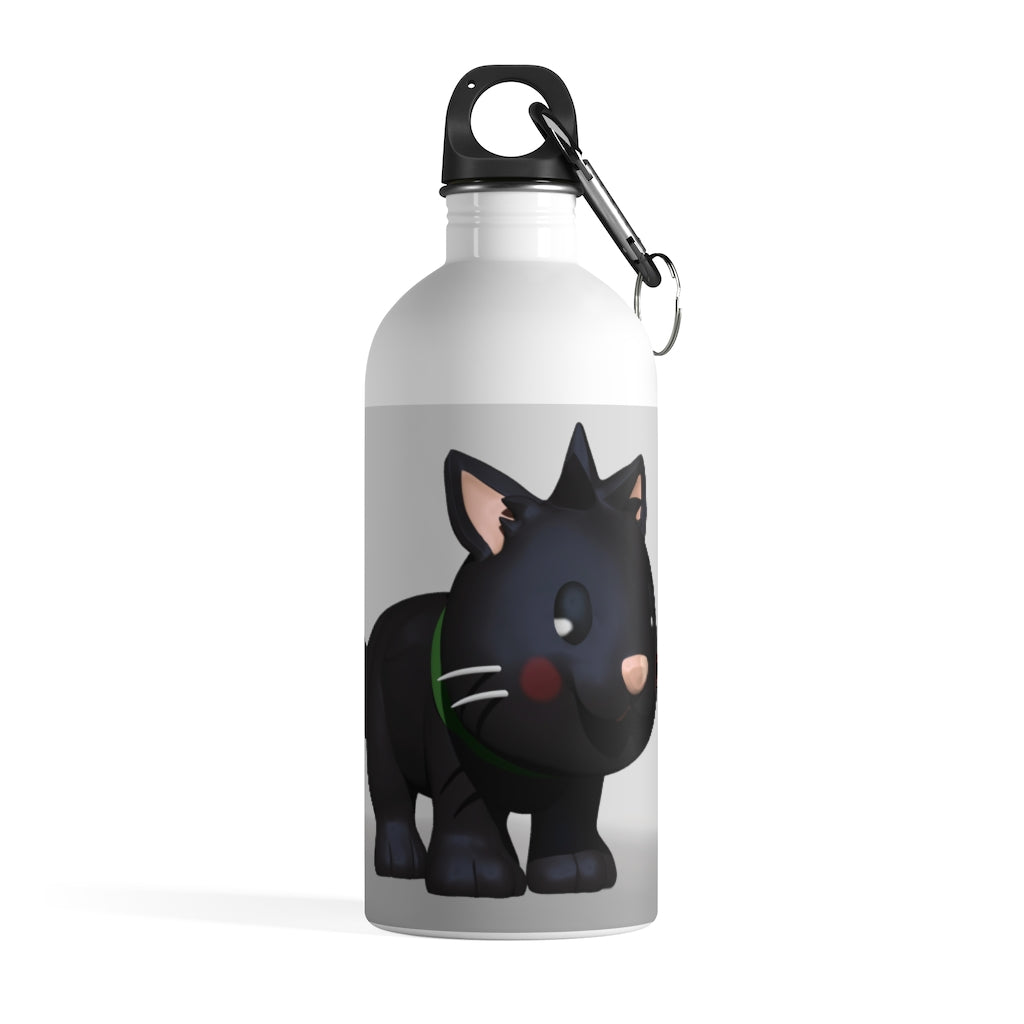 Black Kitty Stainless Steel Water Bottle with a cute kitty print, featuring a plastic screw top and carabiner.