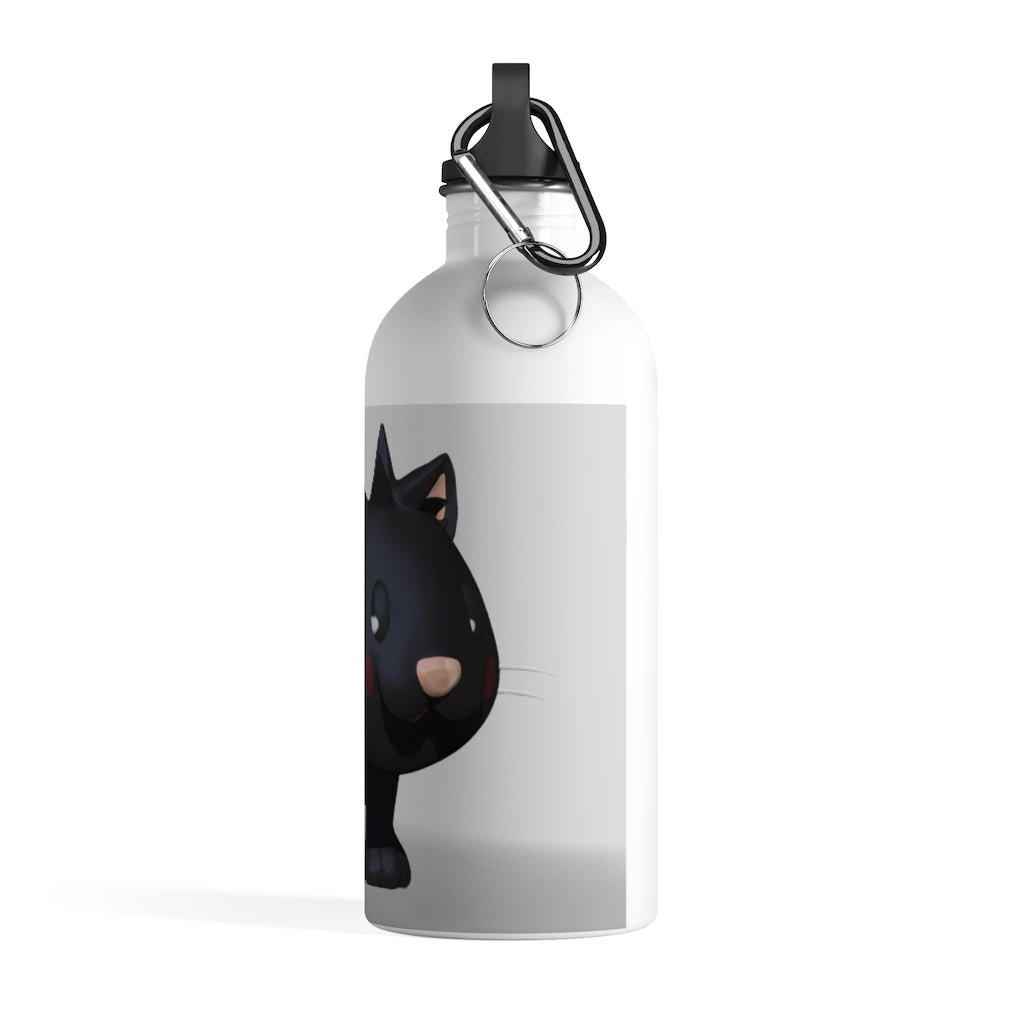 Black Kitty Stainless Steel Water Bottle with a cute kitty print, featuring a plastic screw top and carabiner.