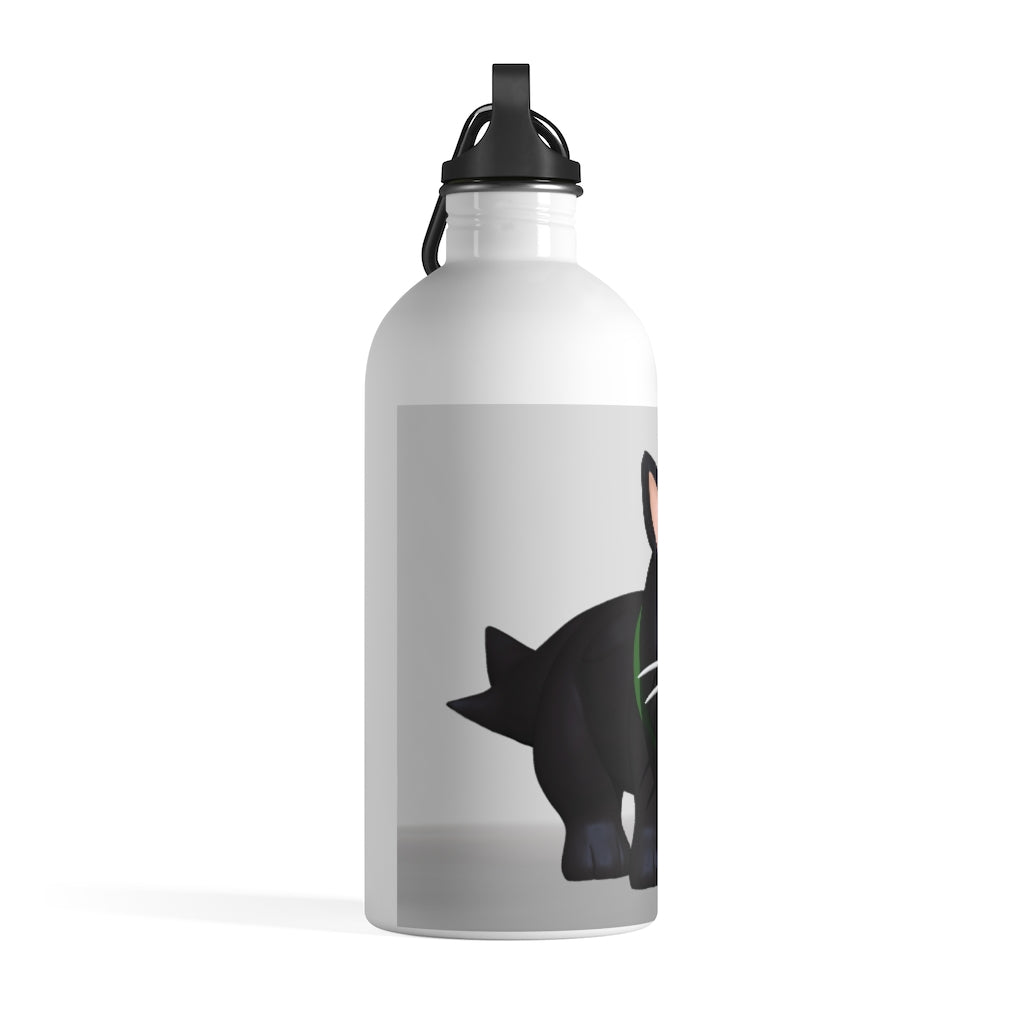 Black Kitty Stainless Steel Water Bottle with a cute kitty print, featuring a plastic screw top and carabiner.