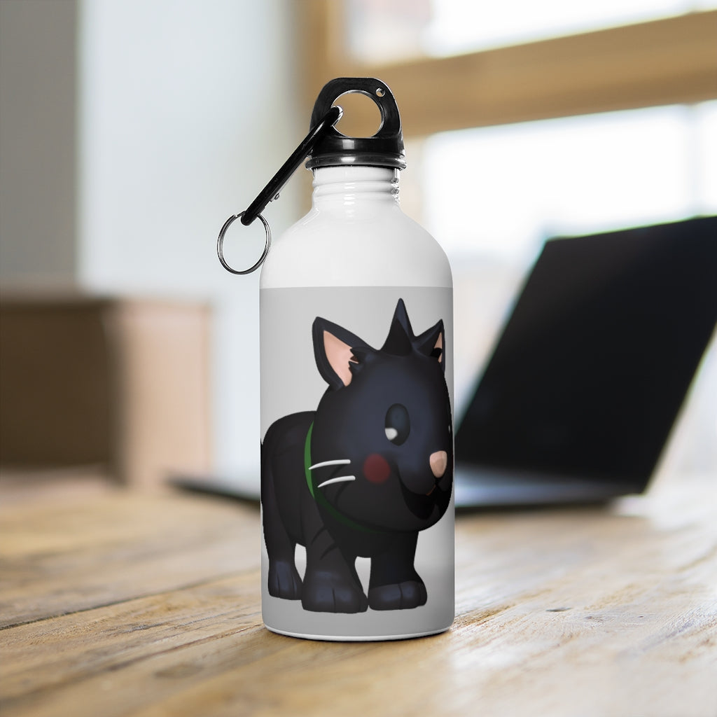 Black Kitty Stainless Steel Water Bottle with a cute kitty print, featuring a plastic screw top and carabiner.